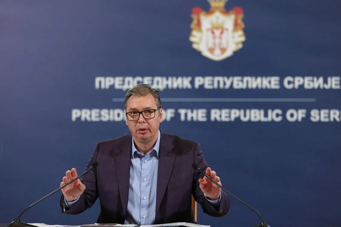 FILE PHOTO: Serbia's President, Aleksandar Vucic speaks during a press conference in Belgrade, Serbia, September 24, 2023. REUTERS/Zorana Jevtic/File Photo
