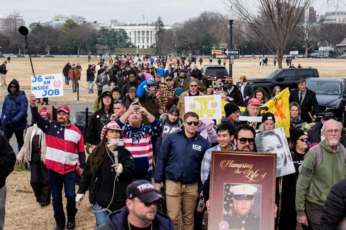 Pardoned Jan 6 rioters and their supporters gather on Ellipse in from of the White House during the J6 Ashli Babbitt five-year Memorial March in Washington, DC, USA, on Jan 6, 2026.