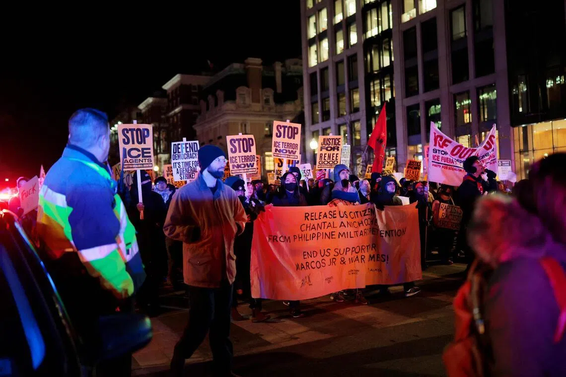 Hundreds of protesters gathered in Washington where demonstrators marched through the downtown shouting "No ICE, no KKK, no fascist USA,".
