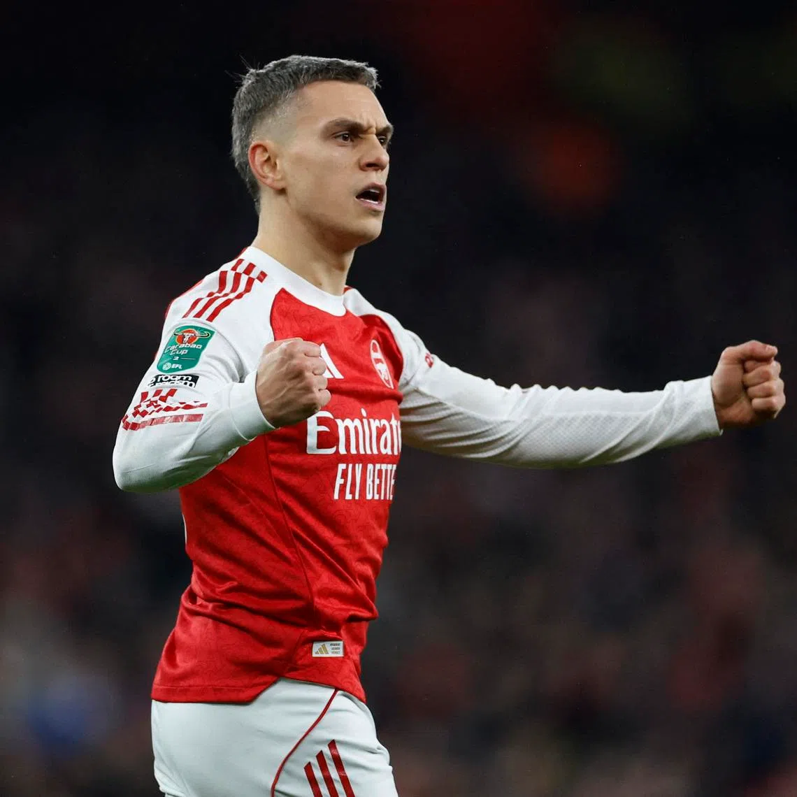 Soccer Football - Carabao Cup - Quarter Final - Arsenal v Crystal Palace - Emirates Stadium, London, Britain - December 23, 2025 Arsenal's Leandro Trossard celebrates scoring a penalty during the penalty shootout Action Images via Reuters/Peter Cziborra/File Photo