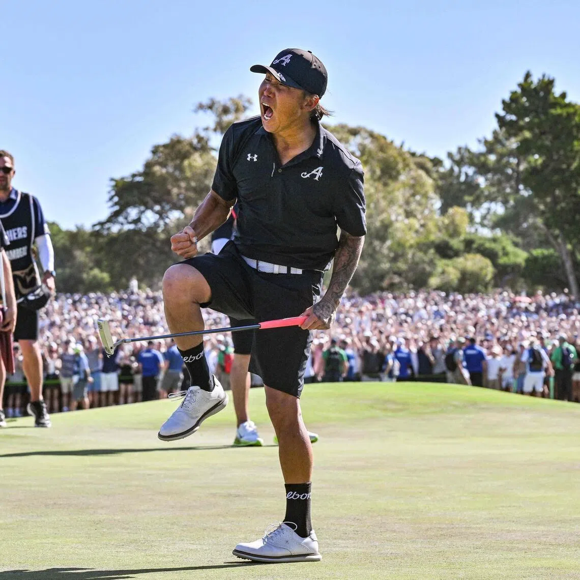 4Aces GC player Anthony Kim from the US celebrating after he won the LIV Golf Adelaide tournament at The Grange Golf Club in Adelaide on Feb 15, 2026.