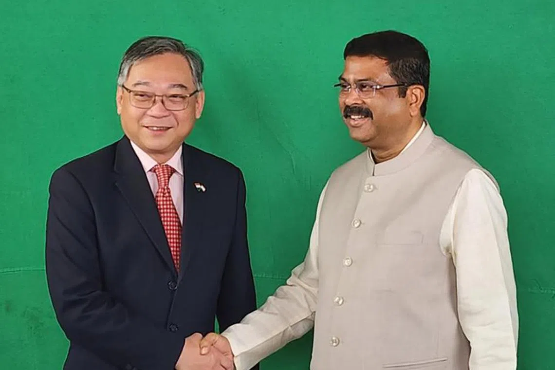 Trade and Industry Minister Gan Kim Yong (left) and Indian Minister for Skill Development and Entrepreneurship Dharmendra Pradhan at the launch event for the Singapore-India hackathon 2023 in New Delhi on March 13, 2023.

