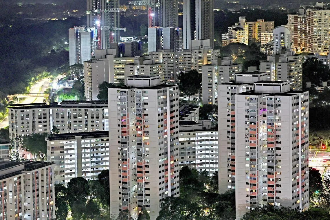 pixgeneric/ pix of public housing (HDB) and privates and office buildings seen from Clementi area on the night of Mar 3, 2026. //

Can be used for stories about electricity, tariffs, taxes, cost, inflation, rebates,on sustainability and ESG, electricity tariff, inflation and climate resilience. energy, energy market,CDC vouchers , vouchers, rebates, PUB, housing policies, resales, HDB, 
