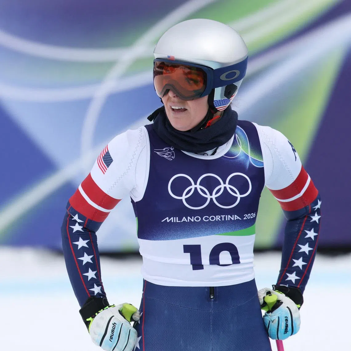 Milano Cortina 2026 Olympics - Alpine Skiing - Women's Downhill Official Training - Tofane Alpine Skiing Centre, Belluno, Italy - February 06, 2026.  Lindsey Vonn of United States reacts during training REUTERS/Leonhard Foeger