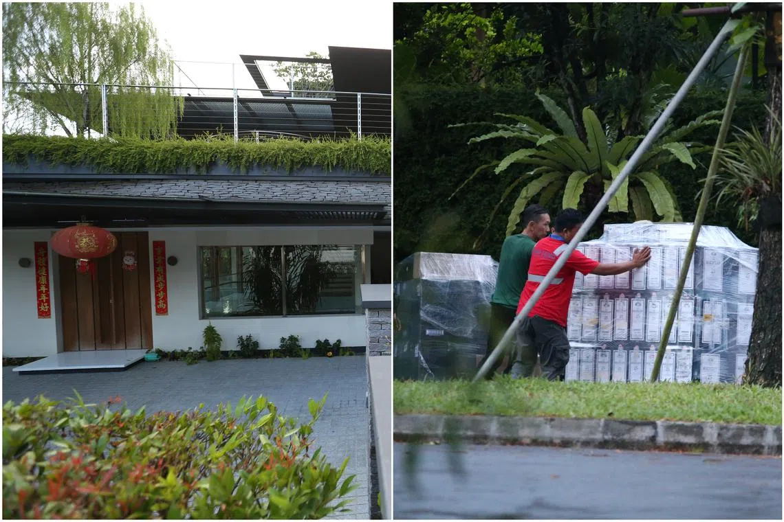 The good class bungalow (GCB) in Nassim Road (left) previously rented by alleged money laundering offender Su Baolin and movers at another GCB in Bishopsgate, rented by Vang Shuiming, on Oct 18.