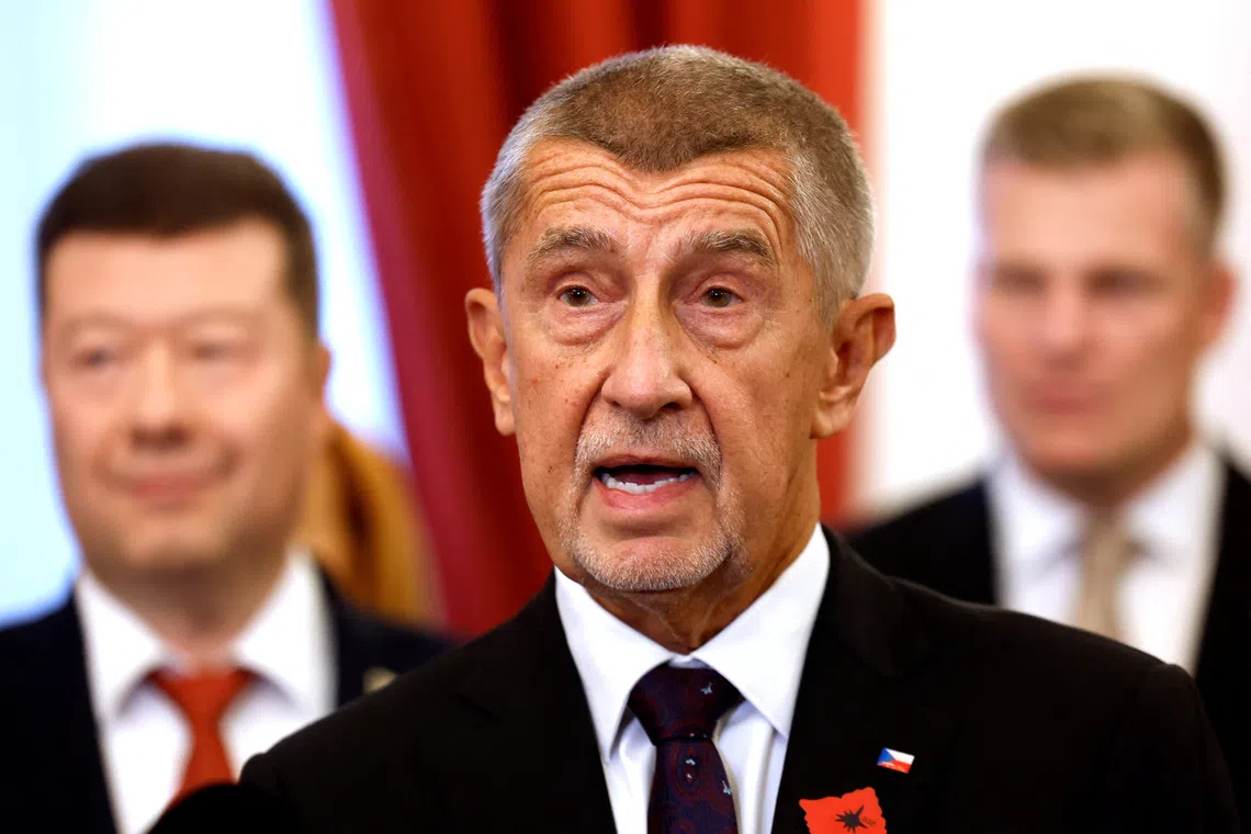 Leader of ANO party Andrej Babis speaks after leaders of ANO, SPD and Motorists parties signed a coalition agreement at the Czech Parliament in Prague, Czech Republic, November 3, 2025. REUTERS/David W Cerny