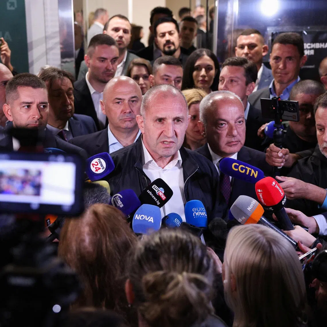 Rumen Radev, former Bulgarian president and leader of Progressive Bulgaria coalition, speaks to the media after the first exit polls at the parliamentary election, in Sofia, Bulgaria, April 19, 2026. REUTERS/Spasiyana Sergieva
