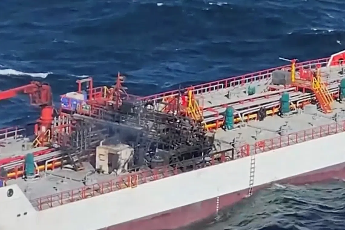 A screengrab from an aerial footage shows San Marino-flagged tanker wine trader ship that caught fire in Romanian territorial waters, released October 15, 2026. Romanian Interior Ministry/Handout via REUTERS