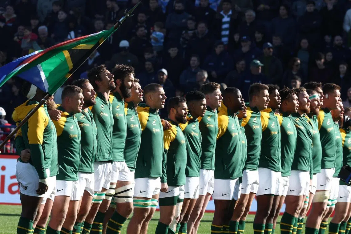 outh Africa players sing their national anthem ahead of the Rugby Union one-off Test match between Argentina's Los Pumas and South Africa's Springboks at Jose Amalfitani Stadium in Buenos Aires on August 8, 2026. (Photo by Alejandro PAGNI / AFP)