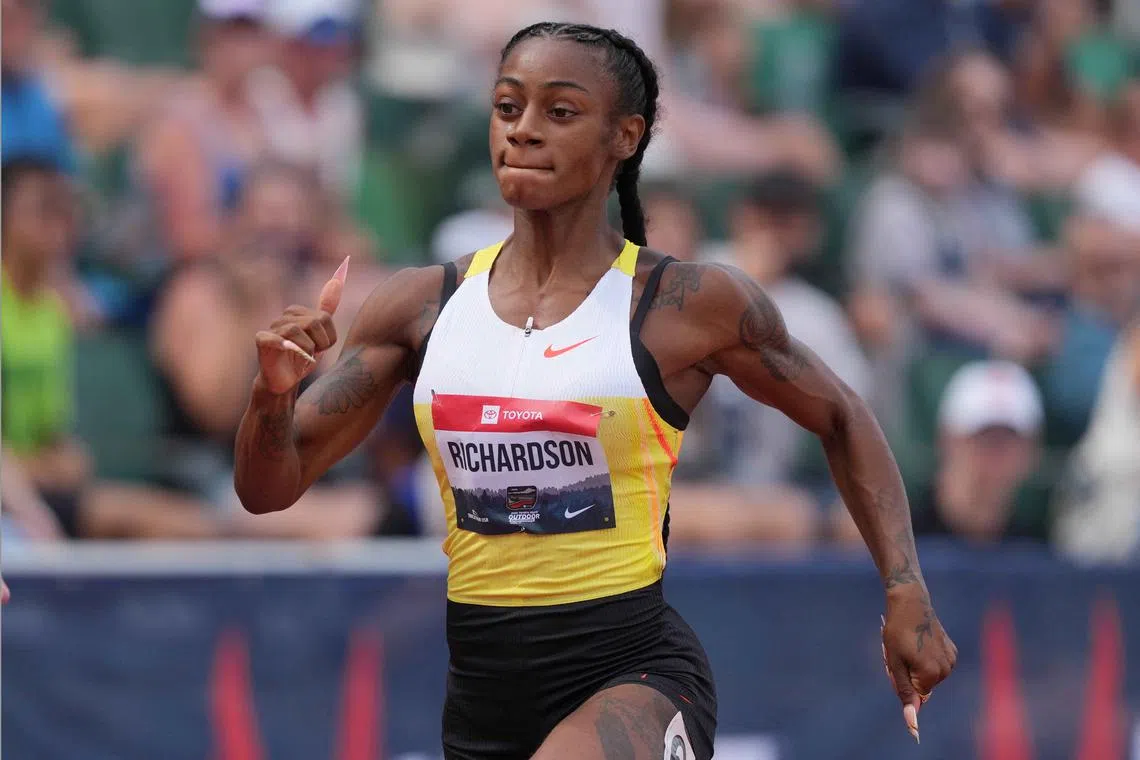 FILE PHOTO: Jul 31, 2025; Eugene, OR, USA; Sha'Carri Richardson places second in women's 100m heat in 11.07 during the USATF Championships at Hayward Field. Mandatory Credit: Kirby Lee-Imagn Images/File Photo