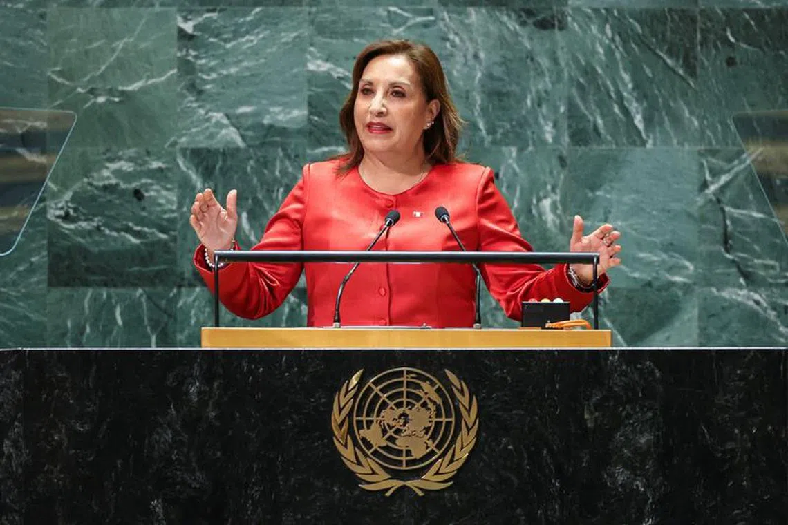 Peru's president Dina Boluarte addresses the 78th Session of the U.N. General Assembly in New York City, U.S., September 19, 2023.  REUTERS/Eduardo Munoz
