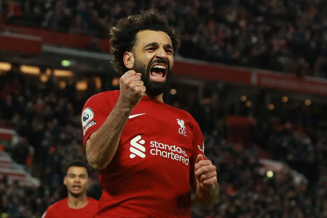 Liverpool's Mohamed Salah celebrates scoring their second goal.