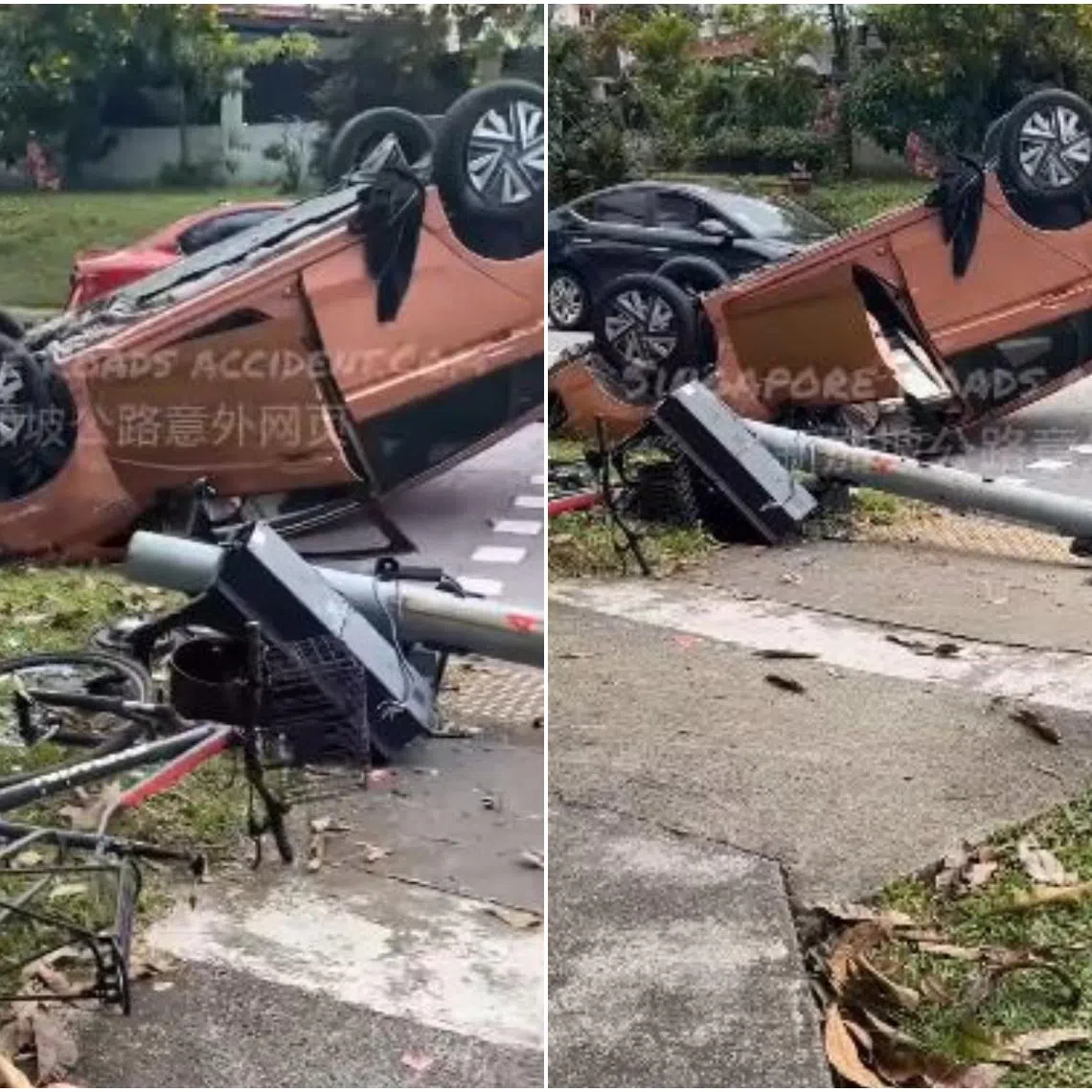 A video showed an orange taxi flipped over and landed on its roof.