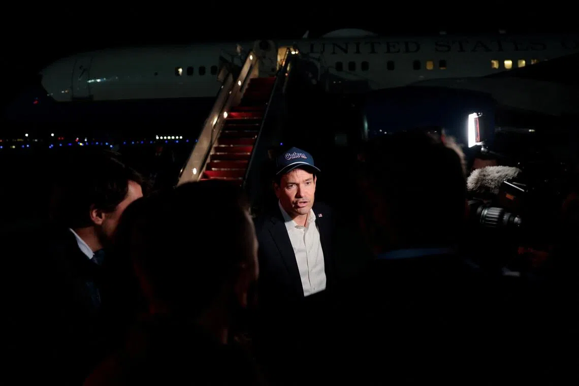 US Secretary of State Marco Rubio speaking to the media before boarding a plane en route to Samarkand, Uzbekistan, on Oct 17.