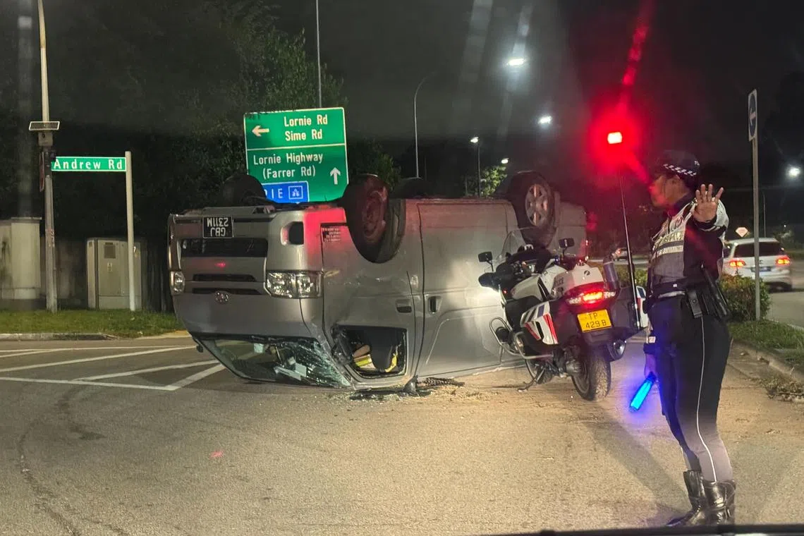 In photos of the aftermath of the accident, the van can be seen flipped upside down with shards of glass next to it.