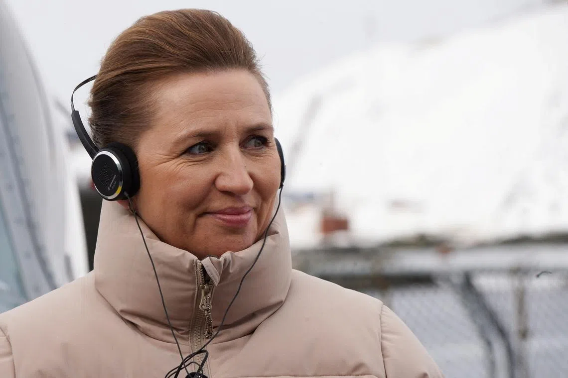Danish Prime Minister Mette Frederiksen attending a press conference aboard the Danish Navy inspection vessel Vaedderen in the waters around Nuuk, Greenland, on April 3.              