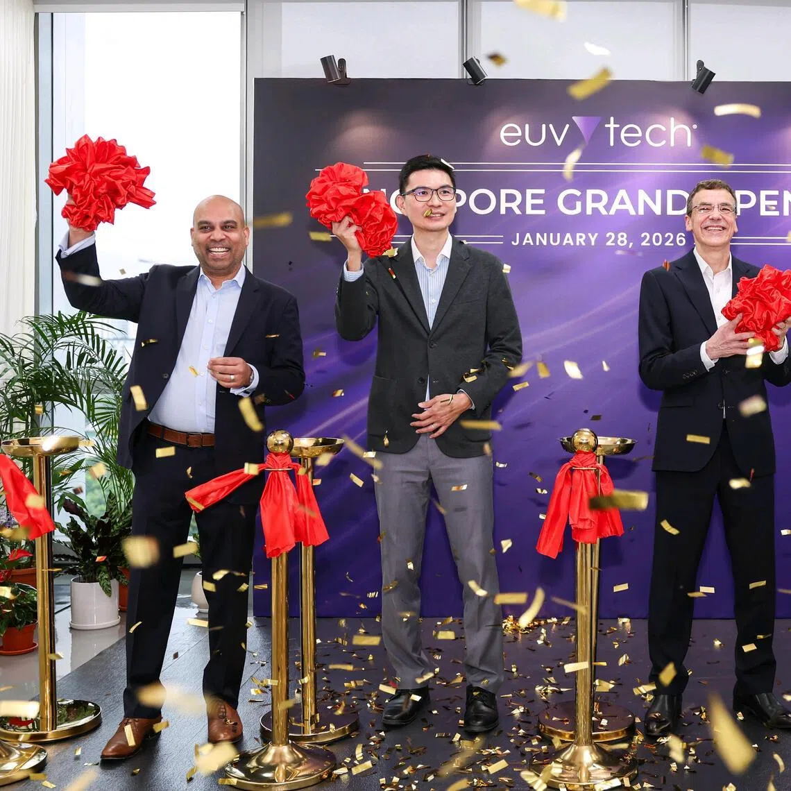 (From Left) Mr Chami Perera, COO of EUV Tech, Mr Soo Haw Yun, EDB vice-president, Dr Patrick Naulleau, CEO of EUV Tech, and Mr Tom Arthur, vice president of operations at EUV Tech, officiating the opening of EUV Tech Singapore's new office at MapleTree High-Tech Park on Jan 28, 2026.