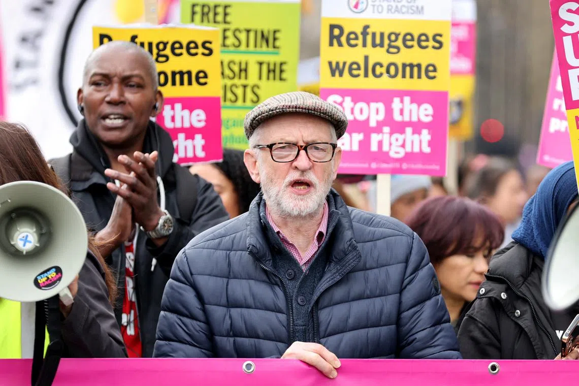 FILE PHOTO: Former Labour leader Jeremy Corbyn takes part in a demonstration against racism, outside the Home Office in London, Britain, March 16, 2024. REUTERS/Belinda Jiao/File Photo
