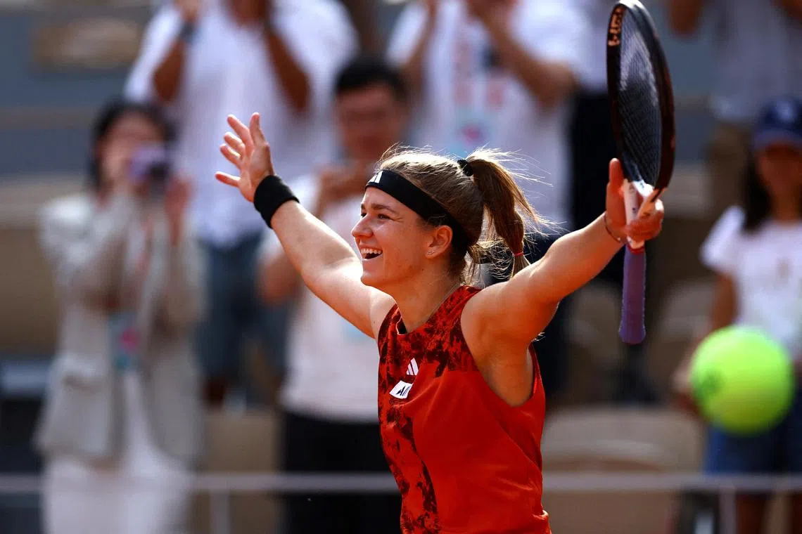 Czech Republic's Karolina Muchova celebrates winning her semi-final match against Belarus' Aryna Sabalenka.