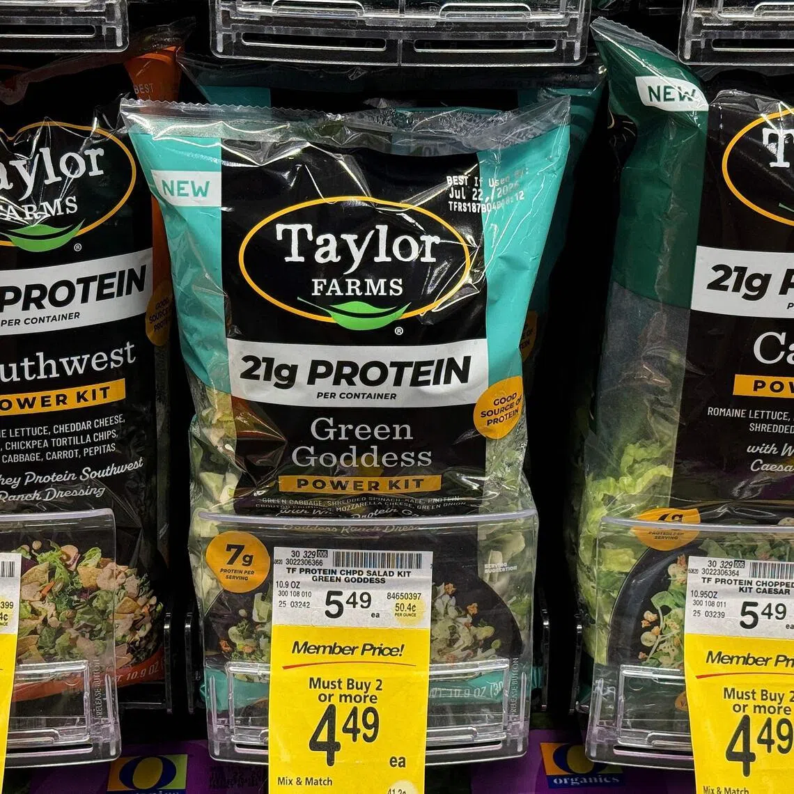Packets of Taylor Farms salad greens displayed for sale at a store on July 16 in Kings Beach, California.