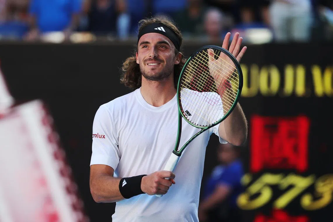 Stefanos Tsitsipas celebrates after winning the semi final match at the Australian Open tennis on Jan 27, 2023.