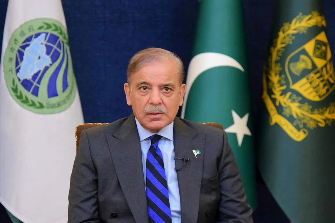 FILE PHOTO: Pakistan's Prime Minister Shehbaz Sharif, addresses the 23rd Shanghai Cooperation Organization (SCO) Summit, hosted virtually by India, in Islamabad, Pakistan July 4, 2023. Press Information Department (PID)/Handout via REUTERS/File Photo