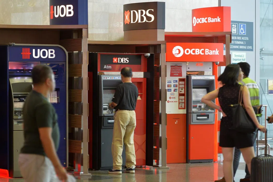 ATM machines from UOB, DBS and OCBC Bank, at Changi Airport terminal 2.