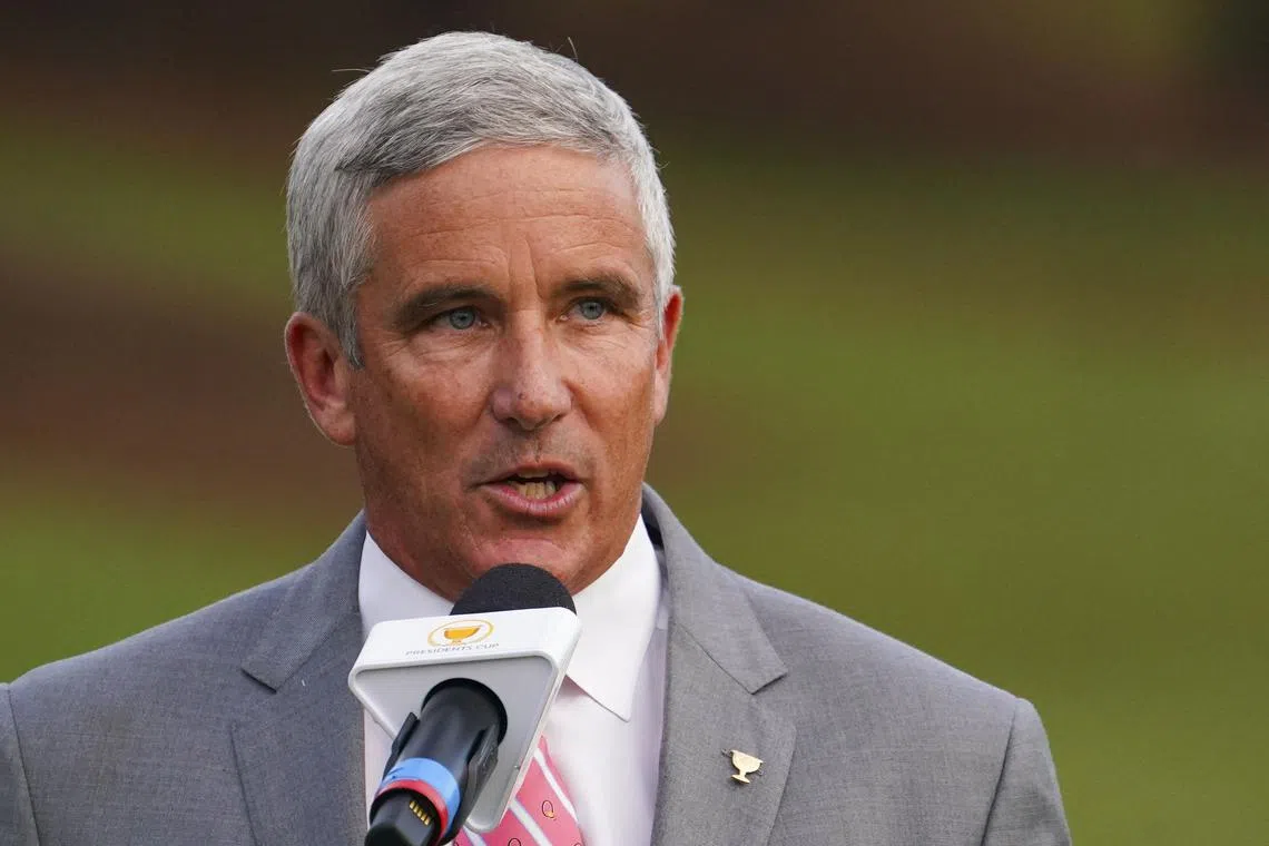 Sep 25, 2022; Charlotte, North Carolina, USA; PGA Tour commissioner Jay Monahan talks during the singles match play of the Presidents Cup golf tournament at Quail Hollow Club. Mandatory Credit: Peter Casey-USA TODAY Sports/File Photo