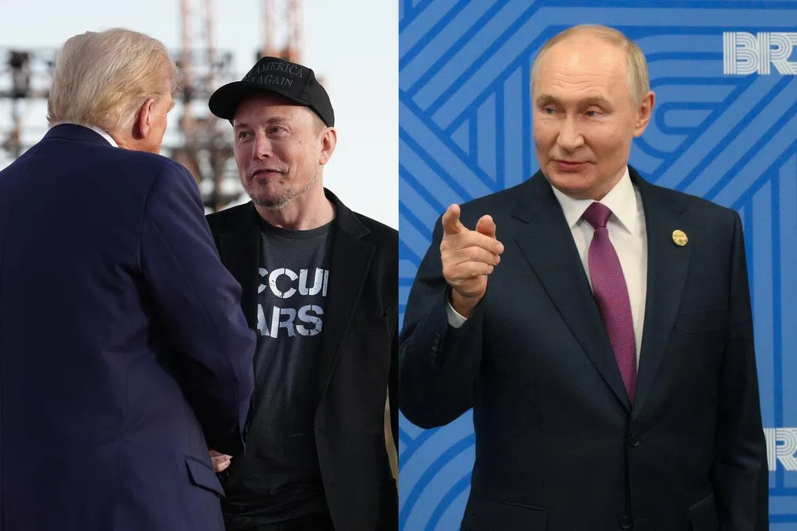 Billionaire Elon Musk at a rally with US presidential candidate Donald Trump (left) on Oct 5. Mr Musk is said to have been in regular secret contact with Russian President Vladimir Putin since 2022.