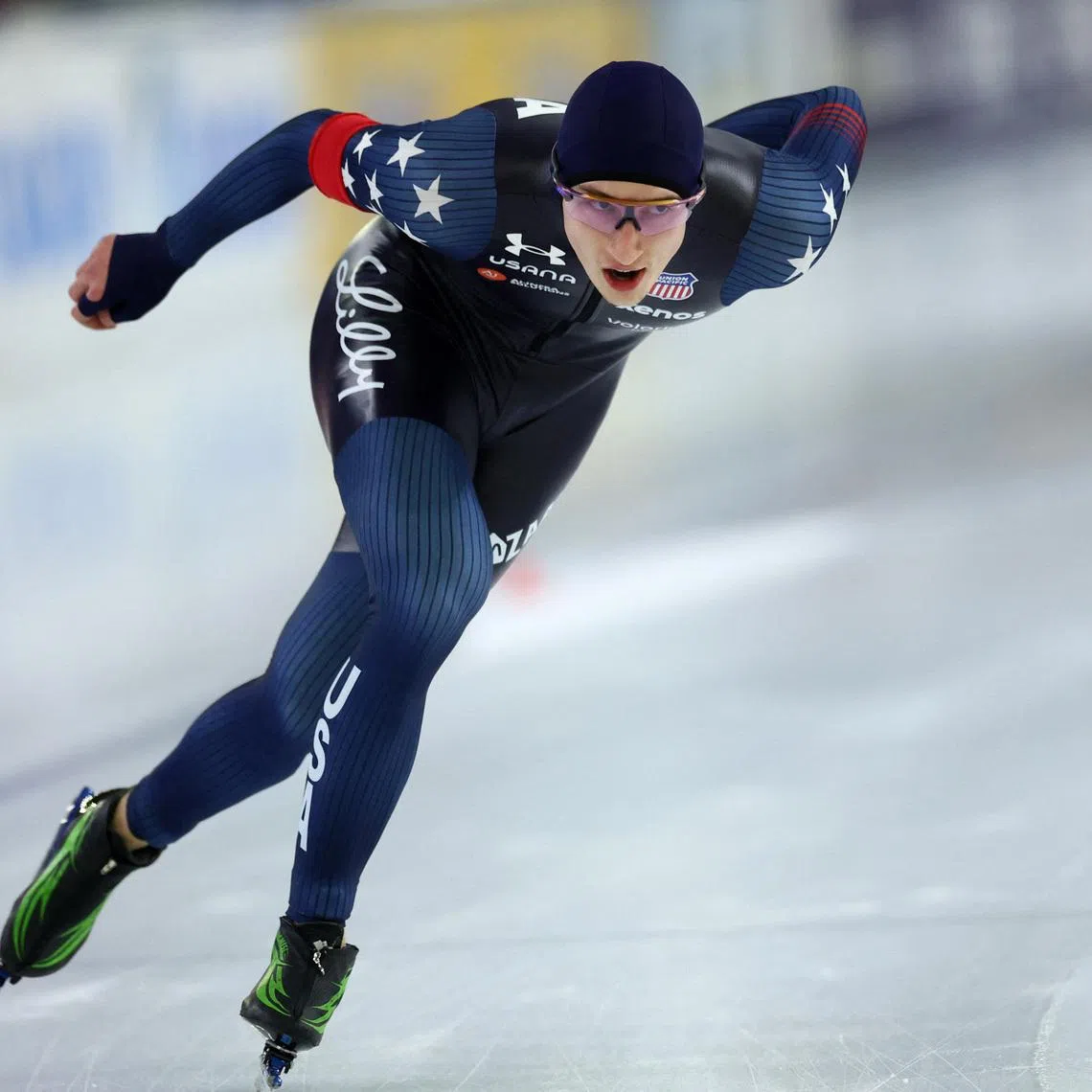 Speed Skating - ISU Speed Skating World Championships - Thialf, Heerenveen, Netherlands - March 7, 2026 Jordan Stolz of the U.S. in action during the men's 5000m. REUTERS/Piroschka Van De Wouw