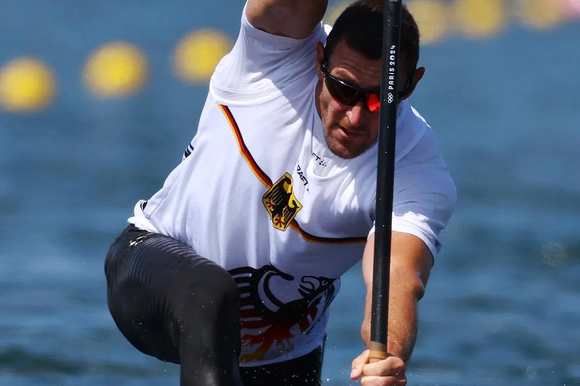 Paris 2024 Olympics - Sprint Canoe - Men's Canoe Single 1000m Heats - Vaires-sur-Marne Nautical Stadium - Flatwater, Vaires-sur-Marne, France - August 07, 2024. Sebastian Brendel of Germany in action. REUTERS/Molly Darlington