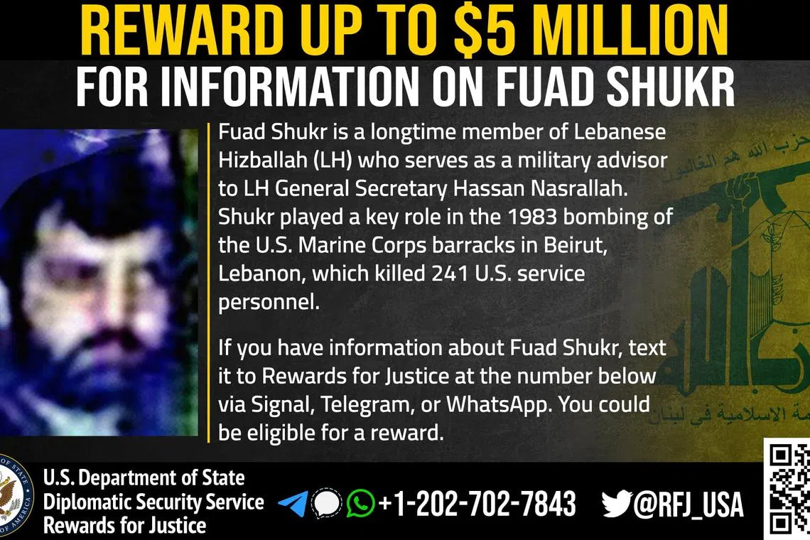 An undated photograph of Muhsin Shukr, also known as Fuad Shukr, and described by Lebanese security sources as head of Hezbollah's operations center, appears on a wanted poster circulated by the U.S. Department of State's Diplomatic Security Service entity \"Rewards for Justice\".    Rewards for Justice (RFJ)/Handout via REUTERS