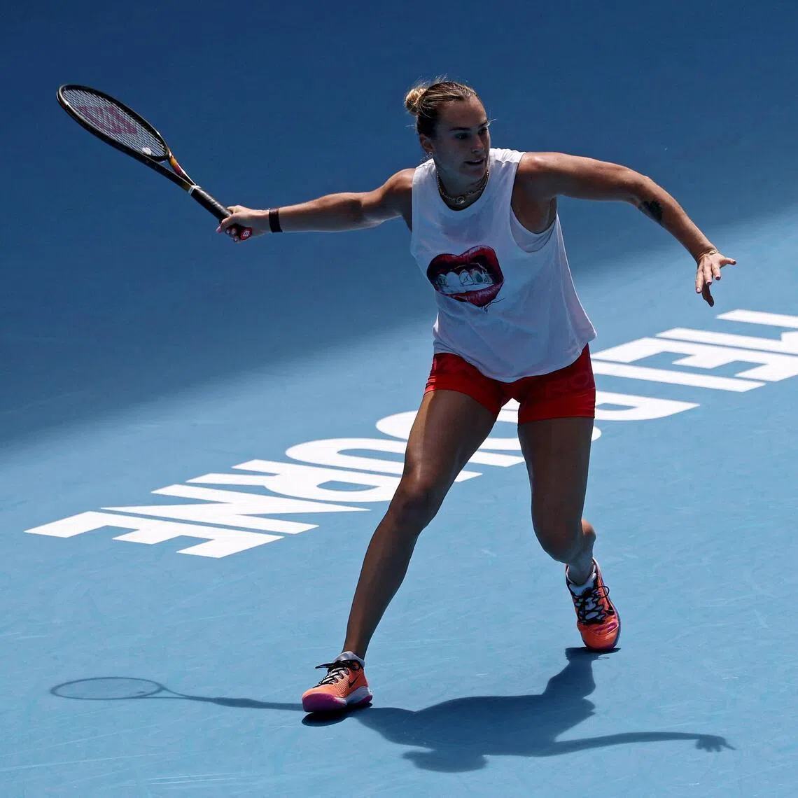 Aryna Sabalenka hits a shot during a practice session in Melbourne, ahead of the Australian Open.