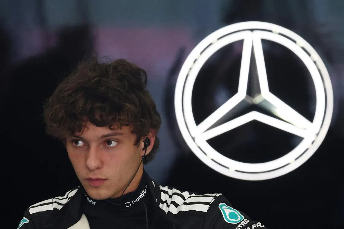 FILE PHOTO: Formula One F1 - Belgian Grand Prix - Circuit de Spa-Francorchamps, Stavelot, Belgium - July 25, 2025 Mercedes' Andrea Kimi Antonelli before sprint qualifying REUTERS/Yves Herman/File Photo