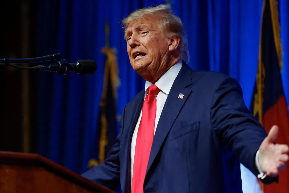 Former US President and Republican presidential candidate Donald Trump speaking at the North Carolina Republican Party convention in Greensboro, North Carolina, on Saturday. 