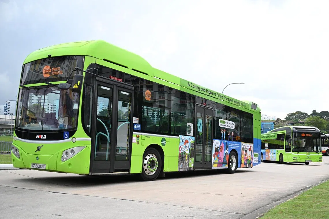 slug : wwcare24
ST PHOTO: Chong Jun Liang

The Tower Transit buses with the artwork drawn by students from special education schools, unveiled at Sembawang bus interchange on April 24, 2024.