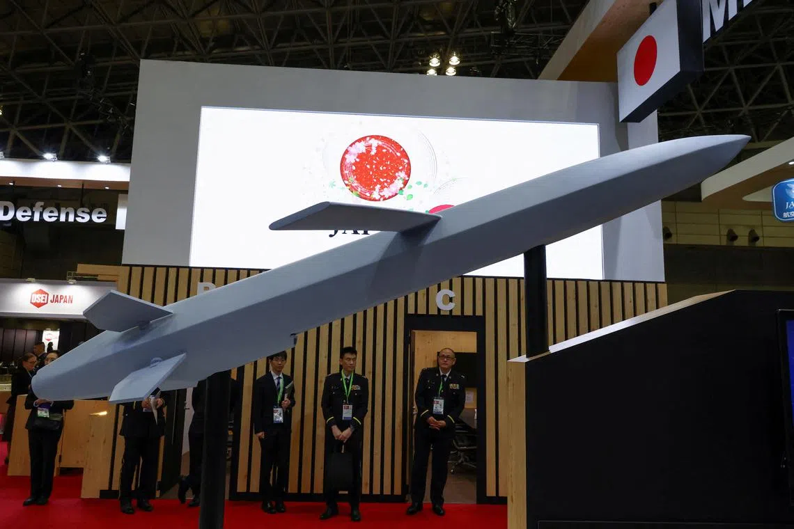A mock model of an upgraded Type-12 SSM is displayed during the Defence Security Equipment International (DSEI) Japan at Makuhari Messe in Chiba, east of Tokyo, Japan May 21, 2025. REUTERS/Kim Kyung-Hoon