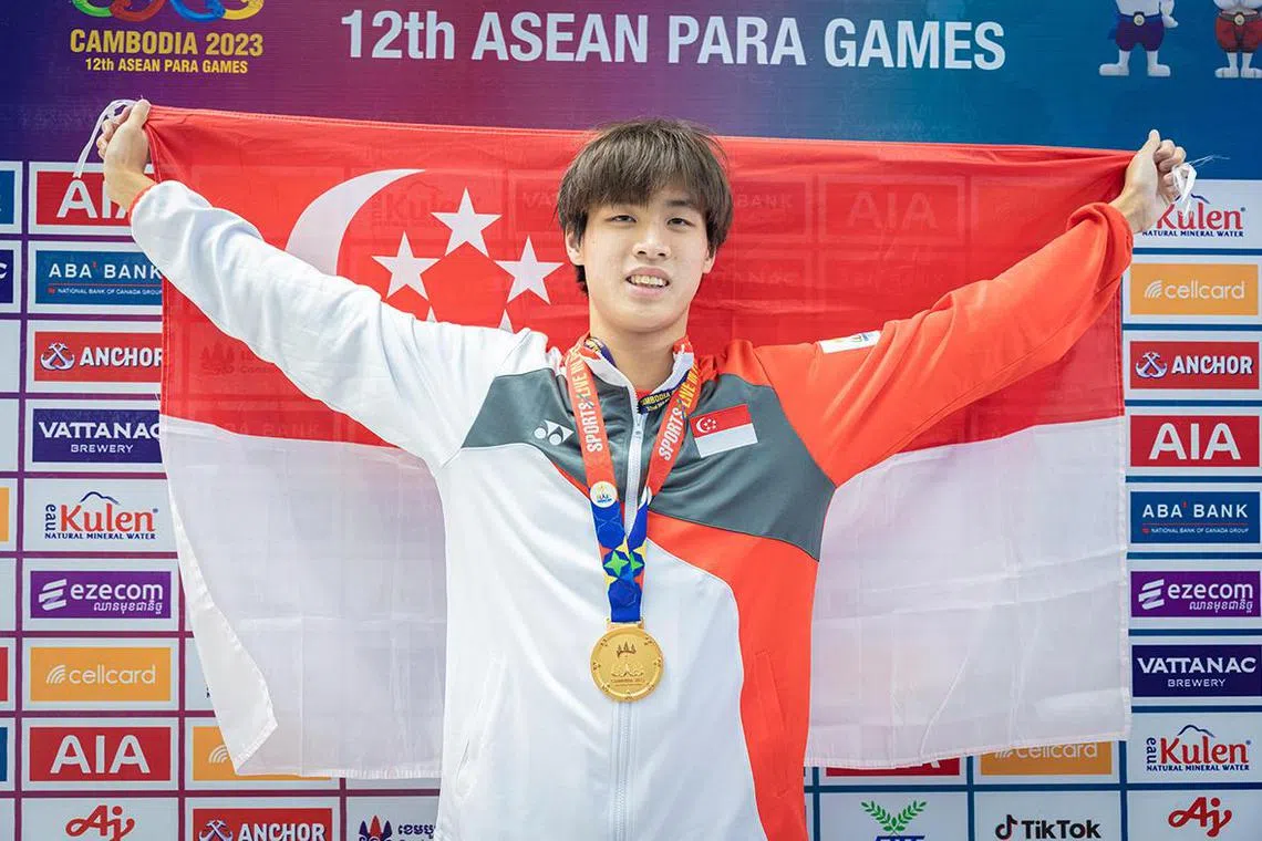 Colin Soon posing with his gold medal in the SB13 men’s 50m breaststroke event in the Asean Para Games on June 5, 2023 at the Morodok Techo Aquatic Centre, Cambodia. 

Credit: Singapore National Paralympic Council / Dyan Tjhia