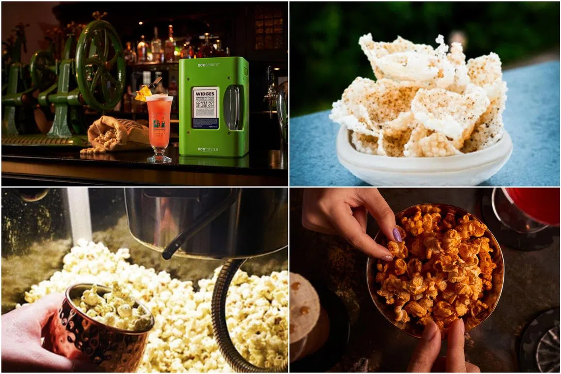 Clockwise from top Roasted groundnuts from Long Bar, Wallich Manor's Sago Tuiles., Manhattan's housemade popcorn, The Feather Blade's Beef Fat & Thyme Popcorn