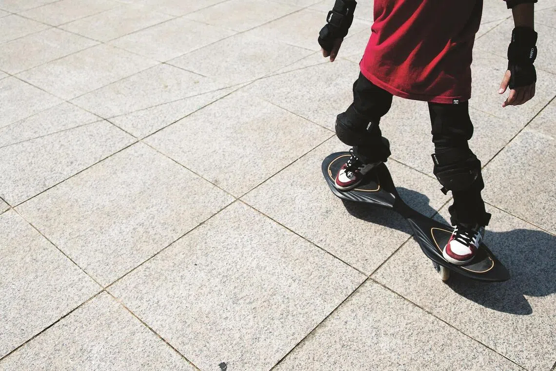 This two-wheeled caster board is a cross between a snowboard and a skateboard.