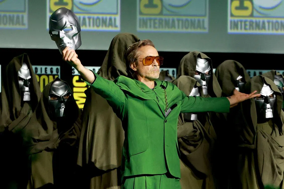 SAN DIEGO, CALIFORNIA - JULY 27: Robert Downey Jr. speaks onstage at the Marvel Studios Panel during 2024 Comic-Con International at San Diego Convention Center on July 27, 2024 in San Diego, California.   Matt Winkelmeyer/Getty Images/AFP (Photo by Matt Winkelmeyer / GETTY IMAGES NORTH AMERICA / Getty Images via AFP)