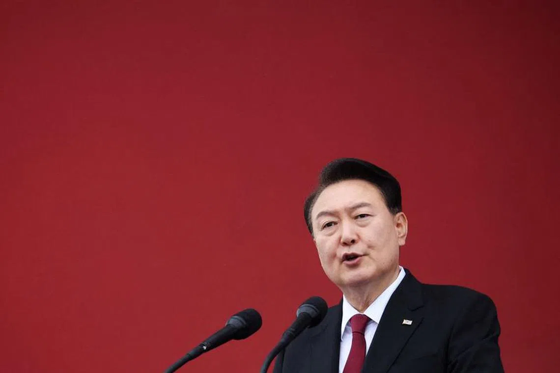 South Korean President Yoon Suk Yeol delivers his speech during a celebration to mark the 75th anniversary of Korea Armed Forces Day, in Seongnam, South Korea, September 26, 2023.  REUTERS/Kim Hong-Ji/Pool/File Photo