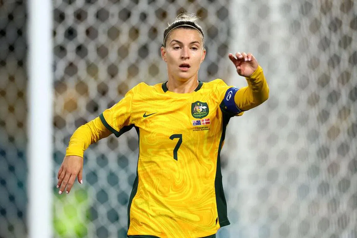 FILE PHOTO: Soccer Football - FIFA Women’s World Cup Australia and New Zealand 2023 - Round of 16 - Australia v Denmark - Stadium Australia, Sydney, Australia - August 7, 2023 Australia's Steph Catley reacts REUTERS/Carl Recine/File Photo