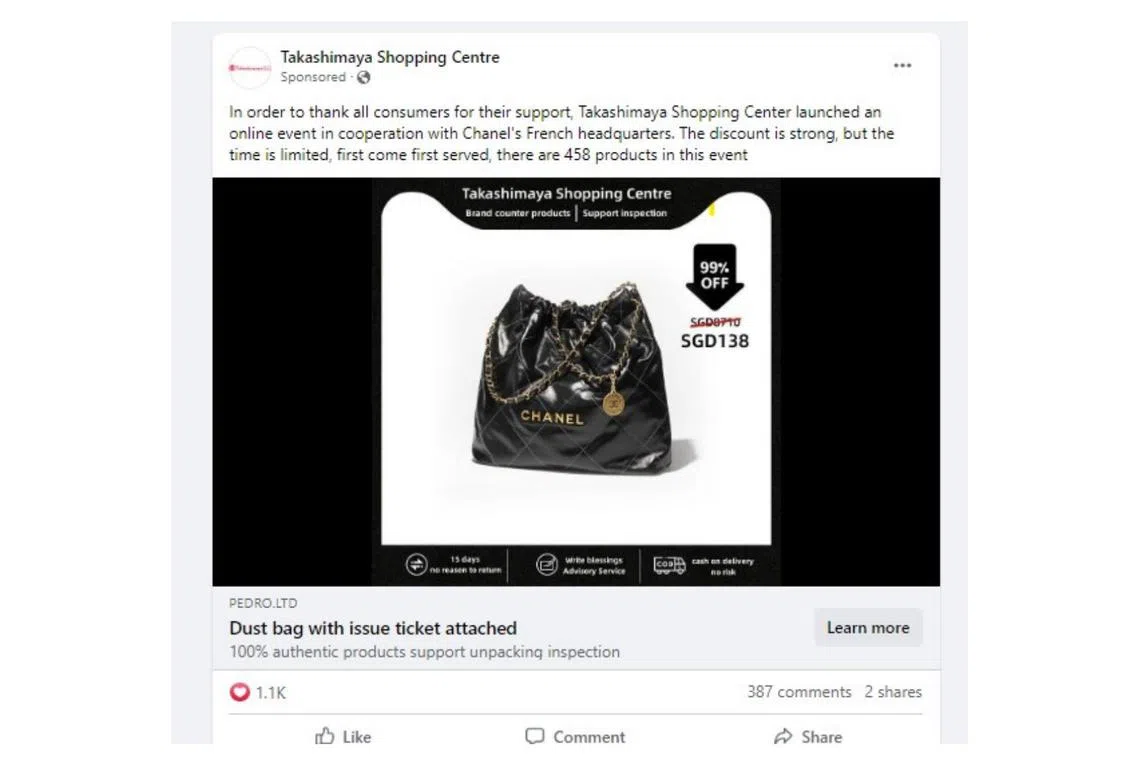 The fraudulent ad involves a Chanel 22 handbag that is on 99 per cent discount and is being sold at $138.