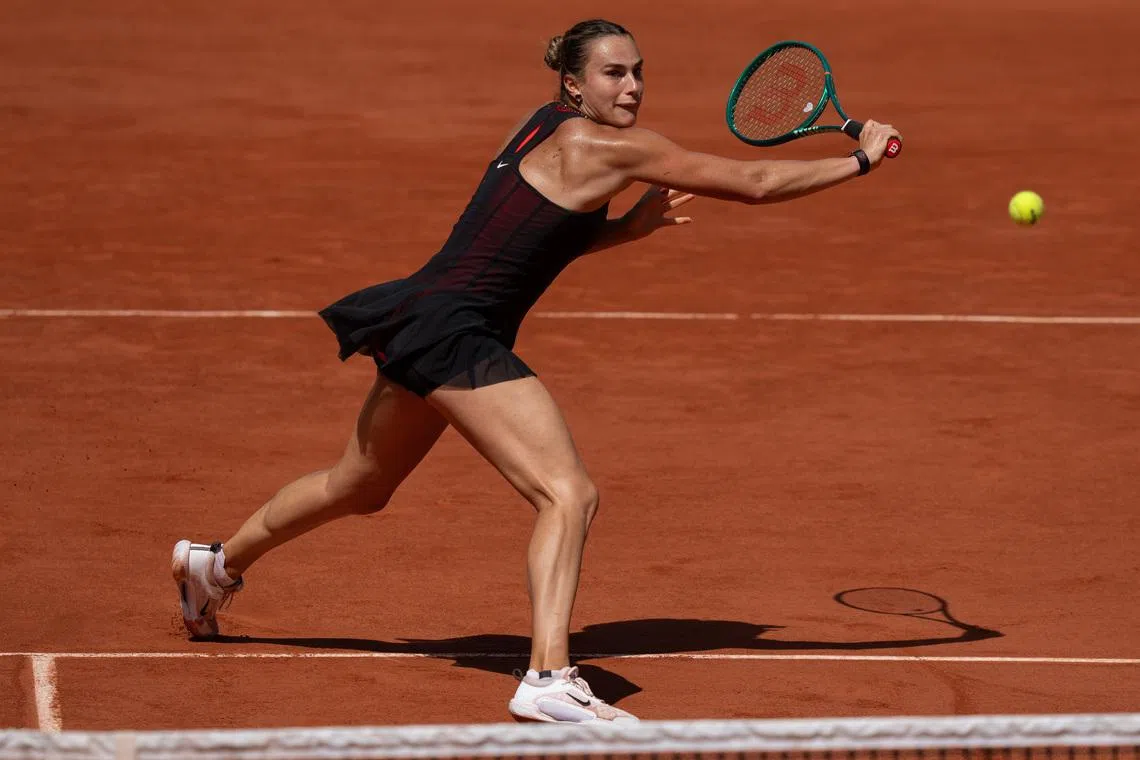 FILE PHOTO: May 30, 2026; Paris, France; Aryna Sabalenka returns a shot during her match against Daria Kasatkina of Australia on day seven at Stade Roland Garros. Mandatory Credit: Susan Mullane-Imagn Images/ File Photo