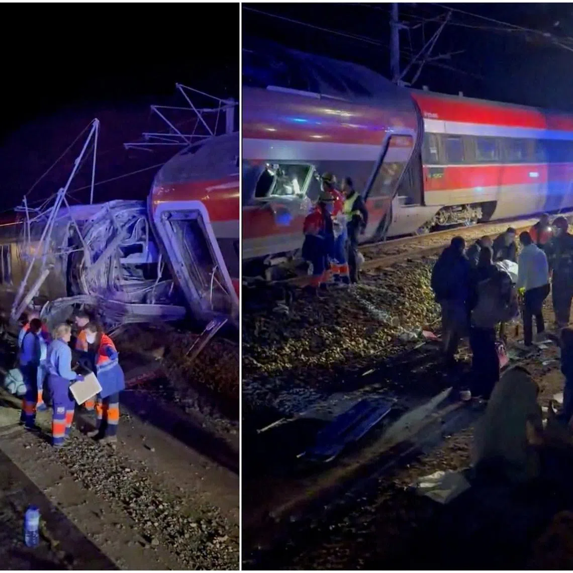 First responders search through wreckage after two high-speed trains derailed in Adamuz, near Cordoba, Spain.