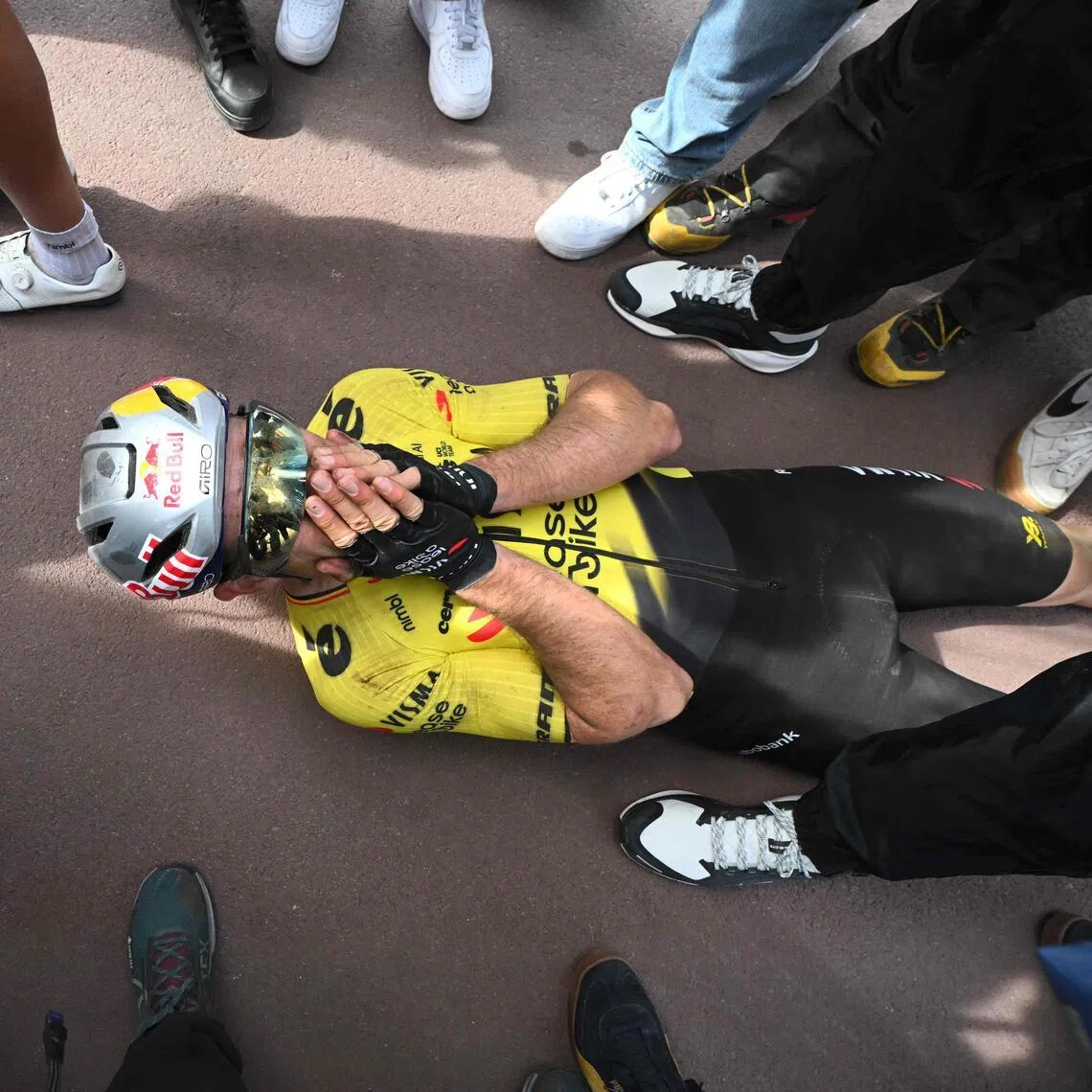 Team Visma-Lease a Bike's Belgian rider Wout van Aert celebrates winning the 123rd edition of the Paris-Roubaix one-day classic cycling race at the Velodrome Andre-Petrieux in Roubaix, northern France, on April 12, 2026.