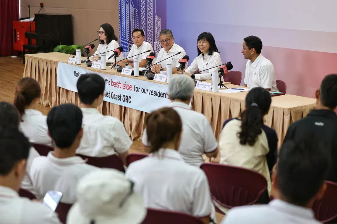 (From left) Ms Hazlina Abdul Halim, Senior Minister of State for National Development Tan Kiat How, Culture, Community and Youth Minister Edwin Tong, Ms Jessica Tan and Mr Dinesh Vasu Dash during a PAP press conference on April 23.