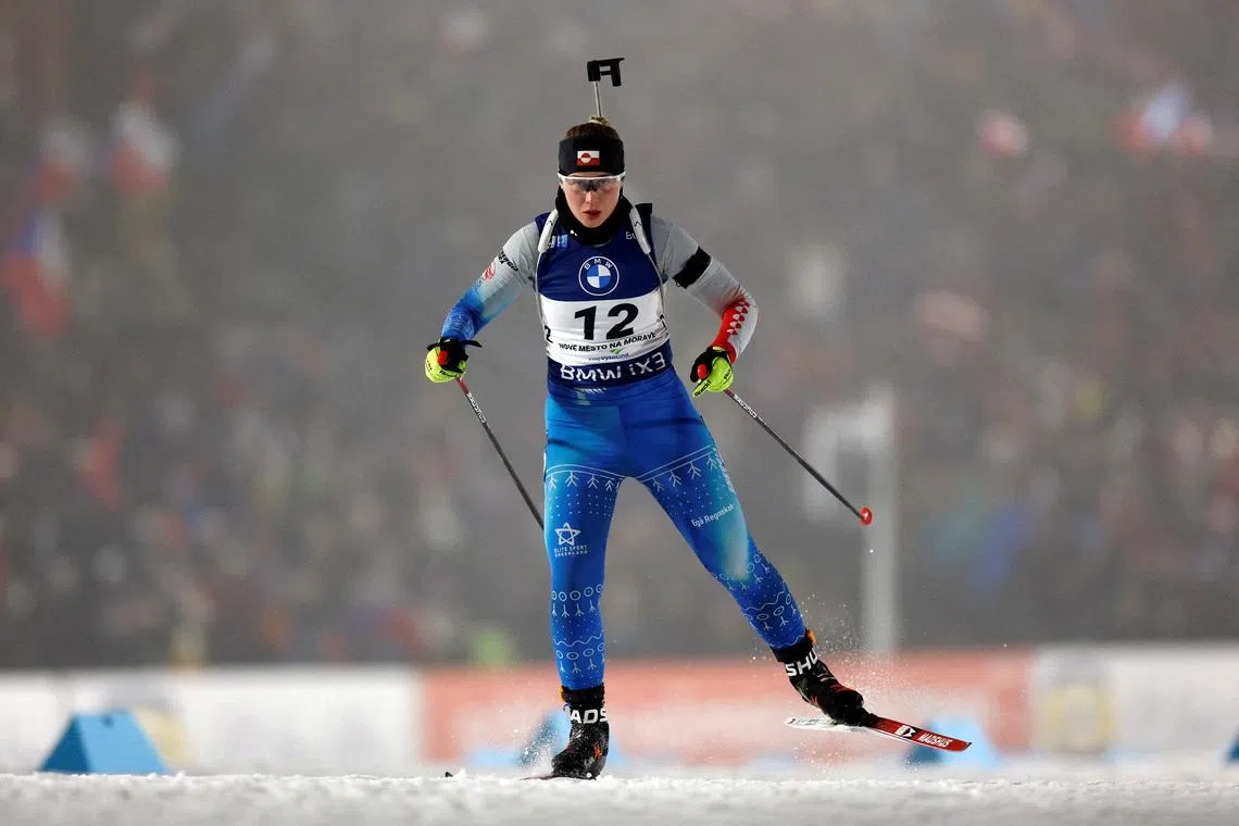 Biathlon - Biathlon World Cup - Nove Mesto na Morave, Czech Republic - January 23, 2026 Greenland's Ukaleq Astri Slettemark in action during the Women's 12.5km Short Individual REUTERS/David W Cerny
