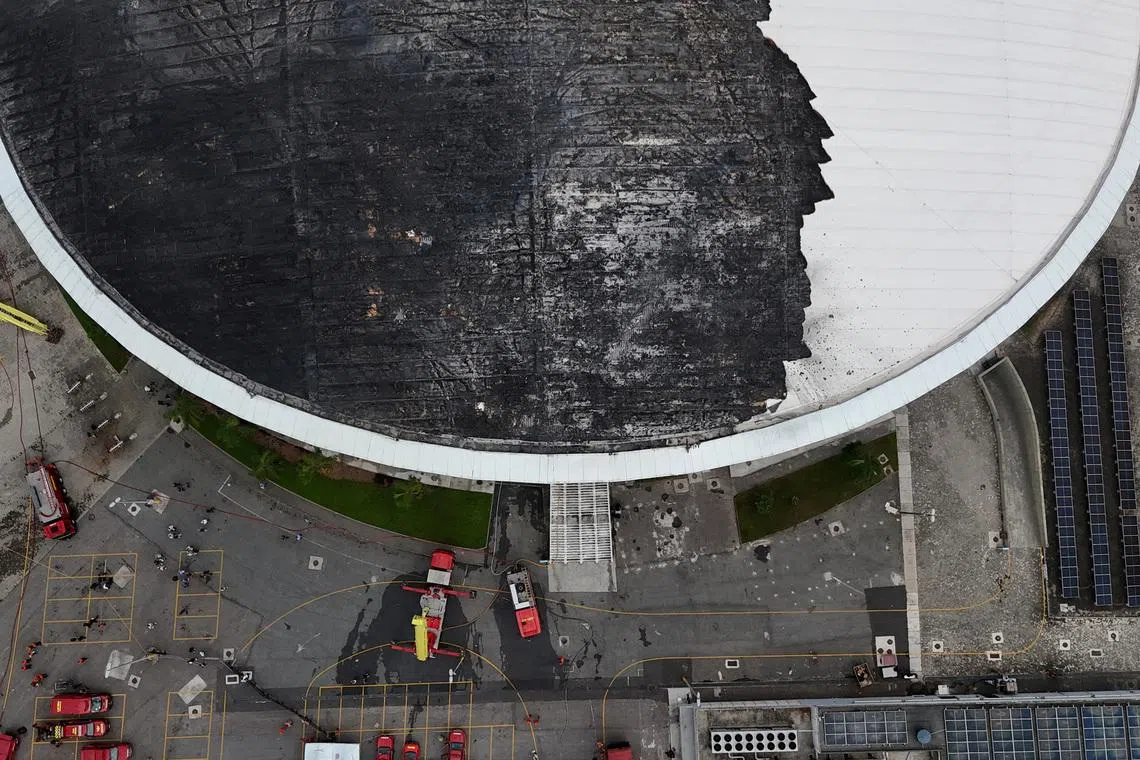A drone view shows the damage of the Velodrome after a fire at the Olympic park, which was used for the Rio 2016 Olympic Games in Rio de Janeiro, Brazil April 8, 2026. REUTERS/Pilar Olivares
